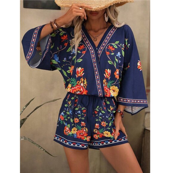 WILA Pants - floral print kimono sleeve v neck romper navy blue